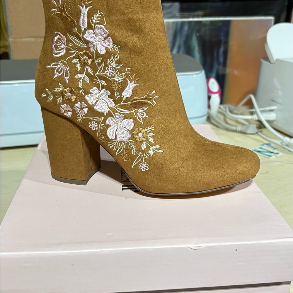 Embroidered Tan Ankle Boots